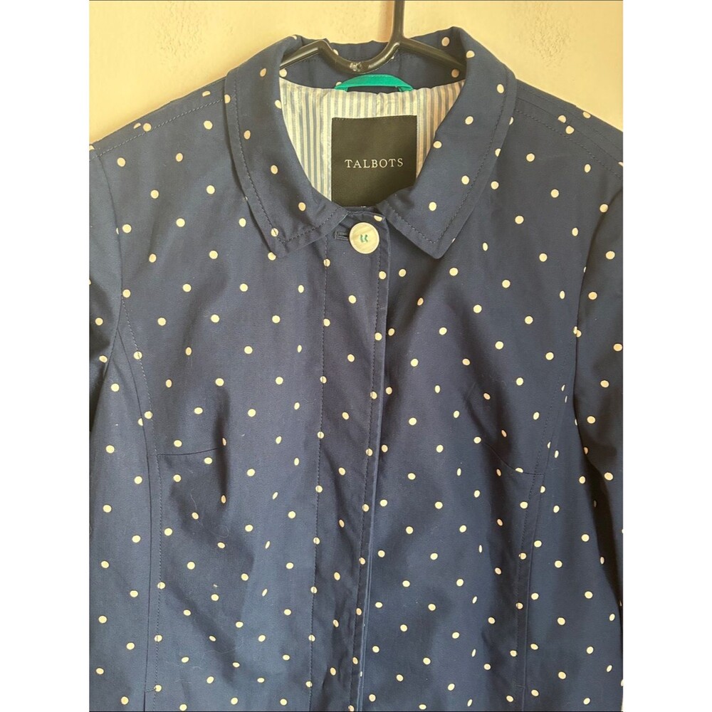 Talbots DOT-PRINT COTTON MAC Navy White Polka Dot Coat trench Womens 12 EUC cute - Picture 7 of 14